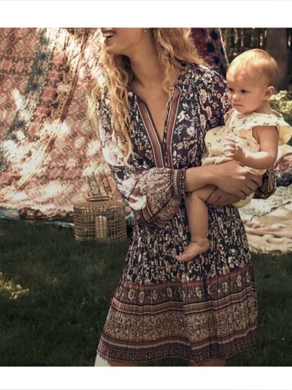 Anthropologie Current Air Alyce Brown Boho Floral Long-Sleeve V-Neck Mini Dress